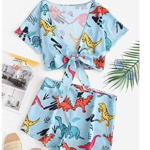 Dinosaur Print Tie Knot Crop Top and  Shorts Set